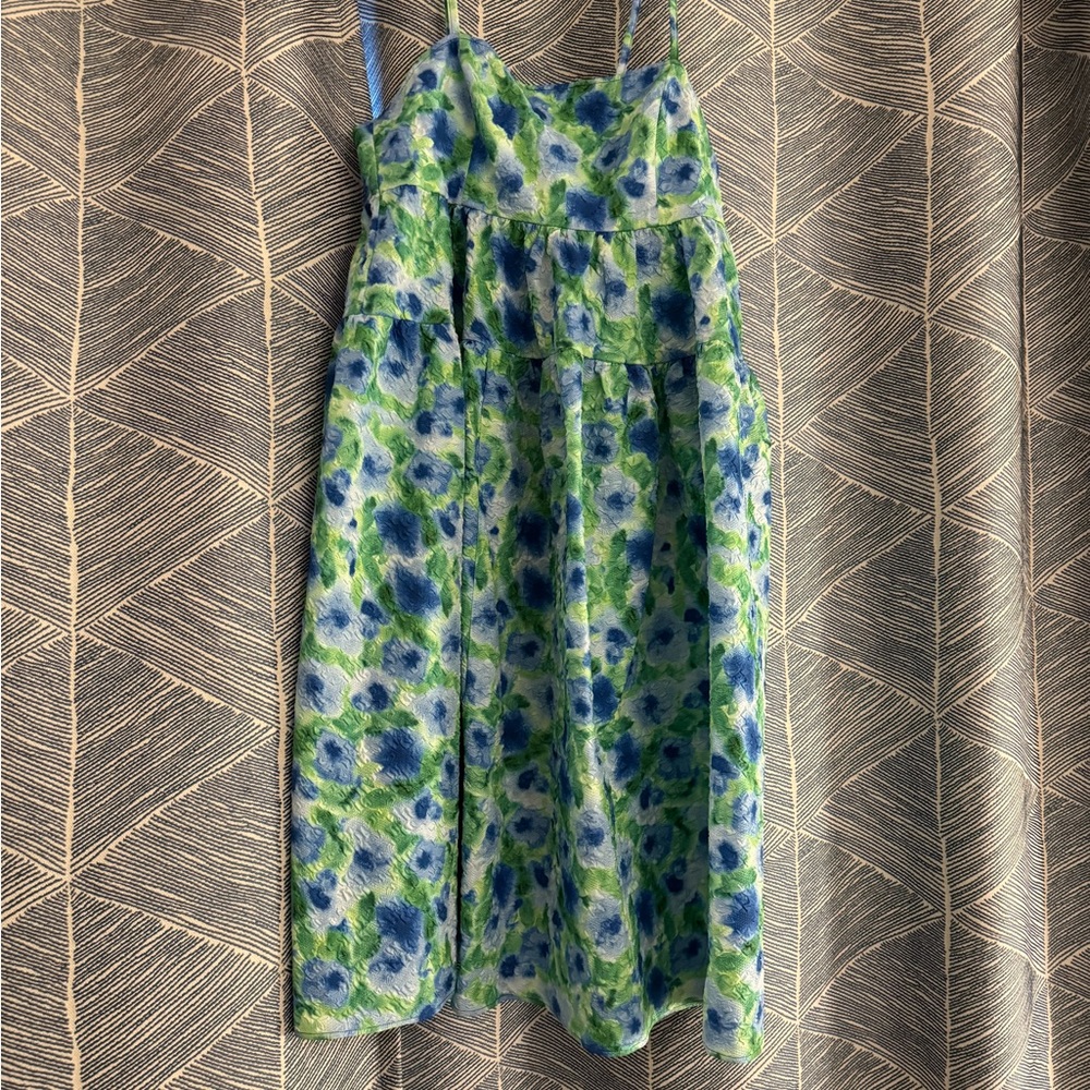 Monki BNWT seersucker midi dress in blue and green.